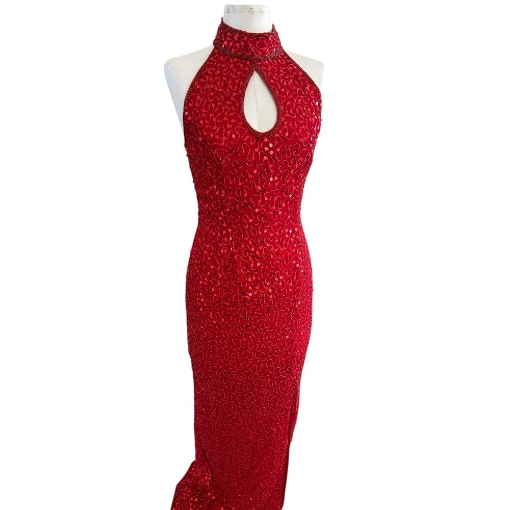 Vintage 80s Scala Red Beaded Sequin Dress Gown Formal Glamourcore M Coquette